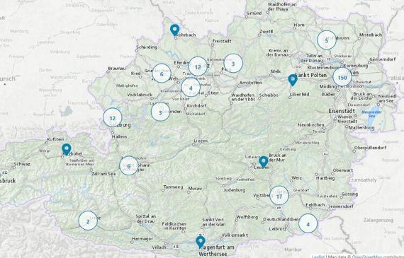 Kartenausschnitt von Österreich mit Markern zur Visualisierung vorhandener Einträge