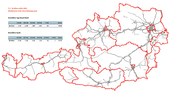 Österreichkarte mit hervorgehobenen Bundesland- und Ballungsraumgrenzen sowie einer beispielhaft ausgefüllten Tabelle
