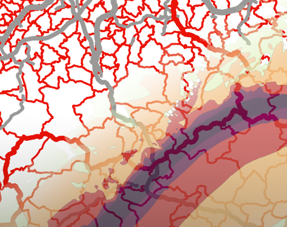 Auf dem Symbolbild für die Lärmkartierung sind im Hintergrund für ein Teilgebiet Österreichs die Gemeinde- und Bundeslandgrenzen eingezeichnet. In der Karte wird durch leichte Schattierung die kartierte Verkehrsinfrastruktur angedeutet. Über das ganze Bild verläuft ein Lärmkartenausschnitt mit farblich abgesetzten Lärmzonen.