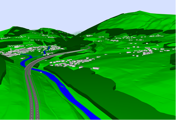 Drei-dimensionaler Ausschnitt eines digitalen Geländemodells. Dargestellt sind die Topographie, eine Autobahn bzw. Schnellstraße sowie Gebäude.