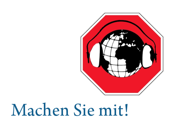 Logo zum Tag gegen Lärm 2017 - Weltkugel mit Kapselgehörschützer und dem Schriftzug "Machen Sie mit"