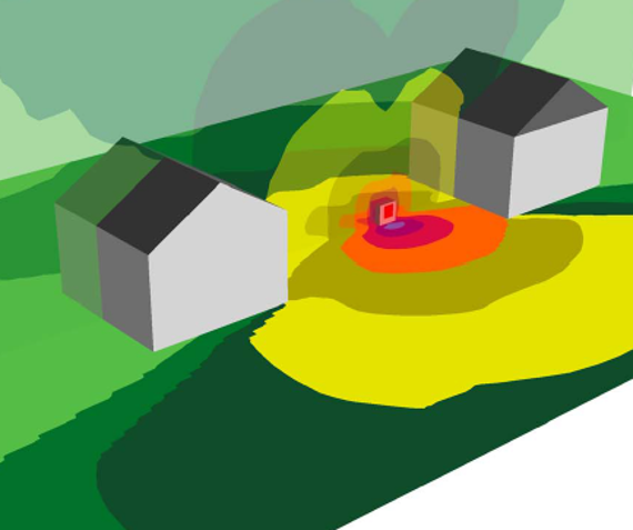 In der Lärmkarte wird eine Wärmepumpe zwischen zwei Häusern gezeigt. Man erkennt an den Farben, dass der gesamte Bereich zwischen den Häusern verlärmt wird.